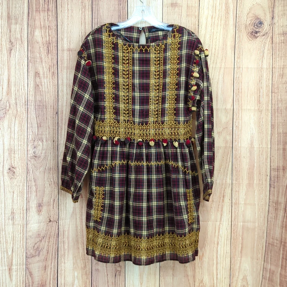ZARA NWOT Brown Plaid Mini Dress With Pom Poms - Picture 3 of 10
